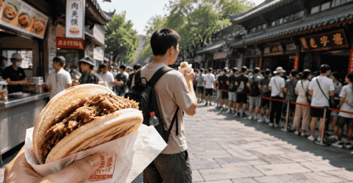 景区逛到正午，更多游客选择街头小吃而非网红店，这些多元活动让旅行餐食更贴日常状态