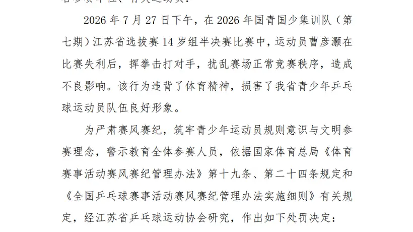 观赛遇赛场不文明?江苏乒协对国青赛涉事选手开三项处罚 引球迷热议