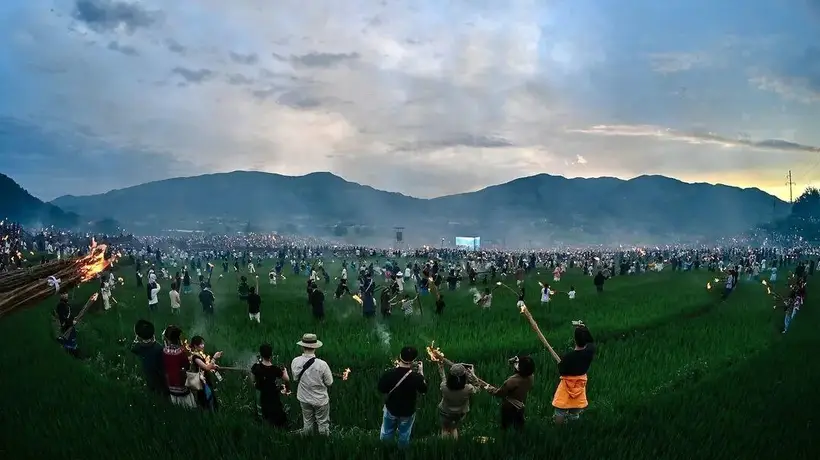 越西清凉火把节稻田火把秀 数万人点燃田埂火把共赴夏夜狂欢