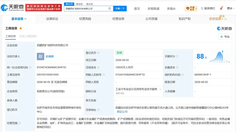 西藏新增一家涉矿产勘探与选矿的公司 西部矿业等多主体参与设立
