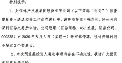 8月3日开市前*ST发展复牌引关注 遴选重整投资人之际股价走势引市场热议