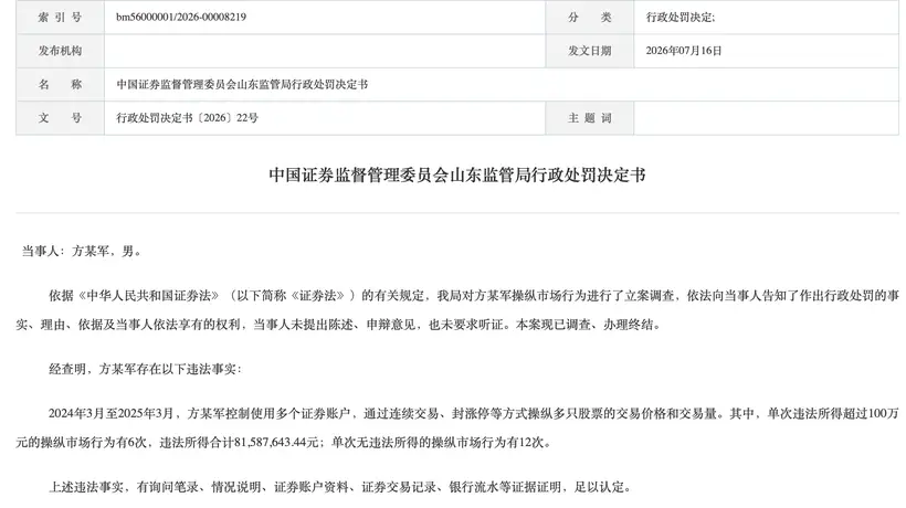 参与证券交易要守法 方某军因操纵市场被罚没超1.75亿元