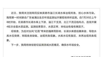 7月30日清远滃江长湖水库死鱼风波后续：水质连续4轮监测合格 死鱼因台风腾库致水位骤降引发缺氧