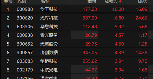 CPO概念股震荡走强 华工科技涨停