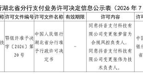 抖音支付两名核心高管任职获中国人民银行湖北省分行批复 2026年7月生效
