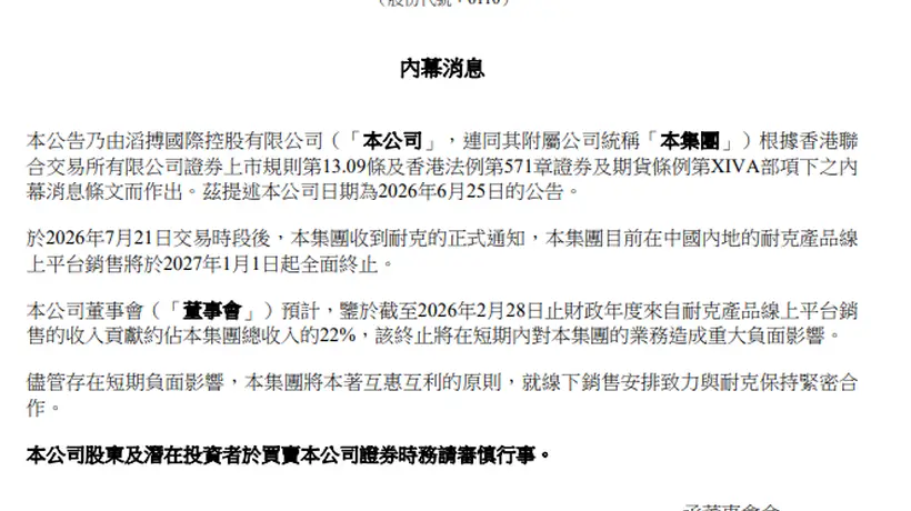 耐克终止与滔搏中国线上合作 滔搏股价暴跌超24%