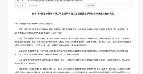 员工违规炒股代客理财!中信证券营业部遭责令整改