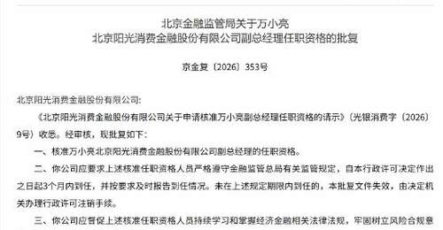 万小亮获批阳光消金副总经理 公司扩表增收不增利