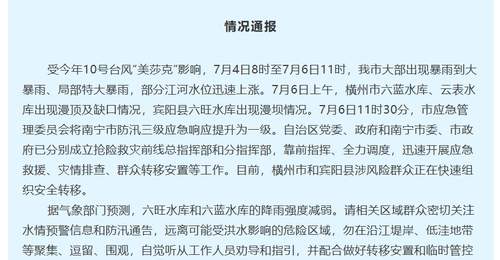 广西南宁最新通报:横州市六蓝水库、云表水库出现漫顶及缺口,宾阳县六旺水库出现漫坝