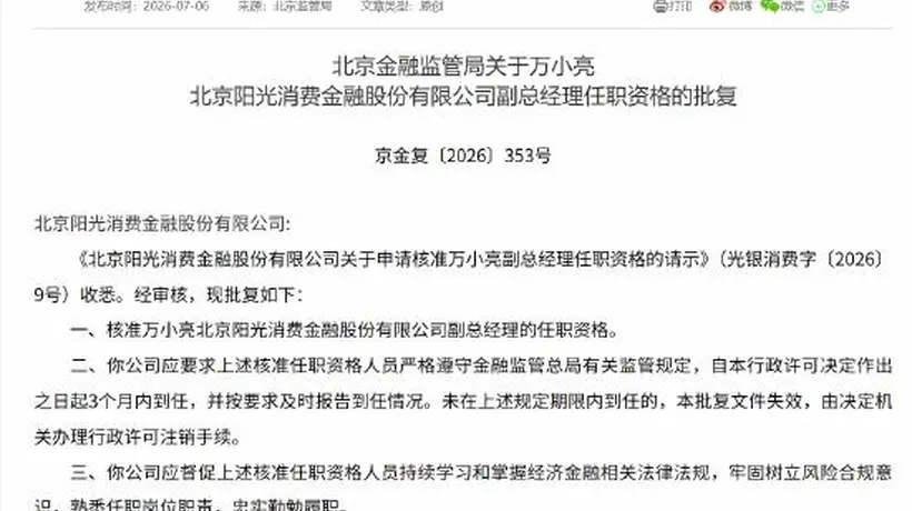 万小亮获批阳光消金副总经理 公司扩表增收不增利