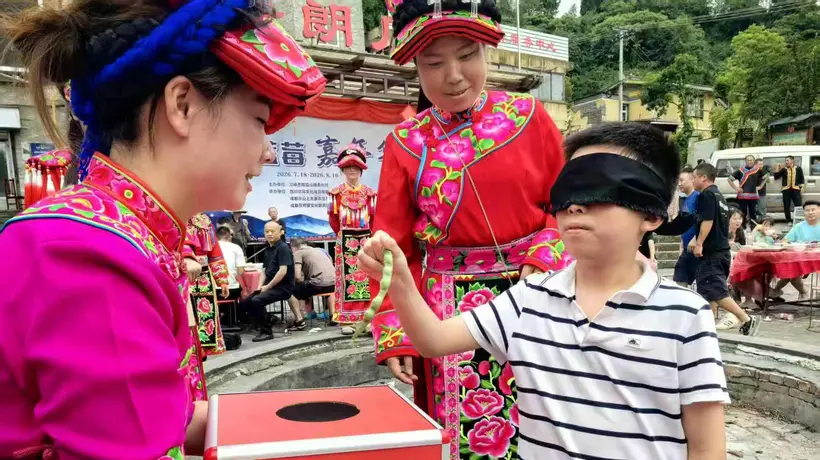 邛崃南宝山镇直台羌寨蓝莓嘉年华启幕,游客体验蓝莓采摘与非遗文化
