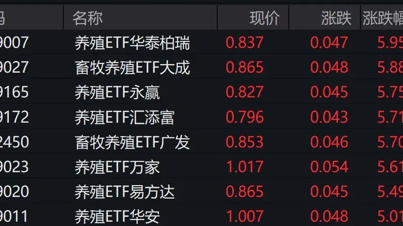 畜牧养殖概念股走强，畜牧养殖相关ETF涨超5%
