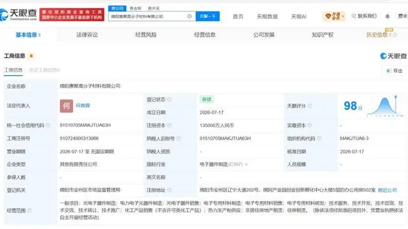 惠科股份联手绵阳企业成立高分子材料新公司 注册资本13.5亿