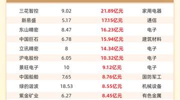 主力资金流入前20:三花智控流入21.89亿元、新易盛流入17.15亿元