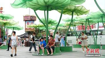 河南开封:巨型仿生荷景扮靓夏日园区