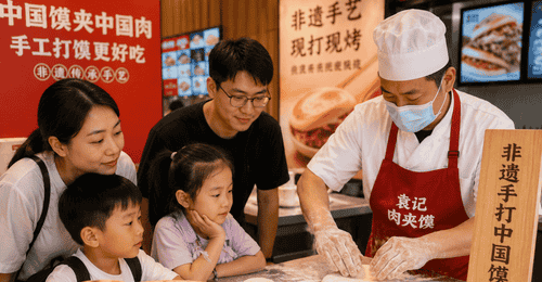 西安肉夹馍摊前，围观者竟比吃肉更起劲，看师傅打白吉馍的全过程太有烟火气