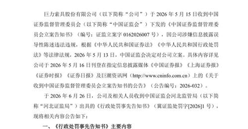巨力索具,领高额罚单