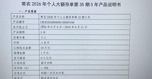5年期大额存单市场有新动态 常熟农商银行上架1.7%利率产品引投资者关注