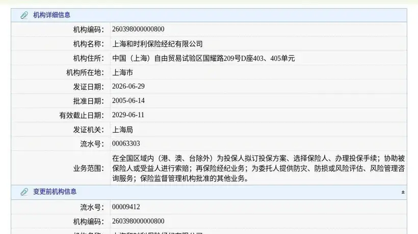上海和时利保险经纪有限公司换发保险中介许可证,发证日期2026年6月29日