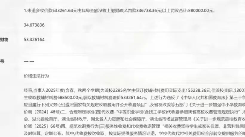 2025襄阳一学校违规收教辅费敛财 2295名学生家庭权益受侵害后监管重拳罚没88万