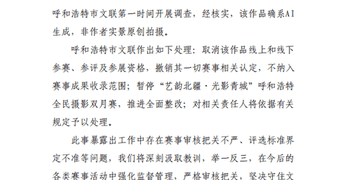 摄影比赛一等奖作品被质疑为AI生成,呼和浩特通报:该作品确系AI生成