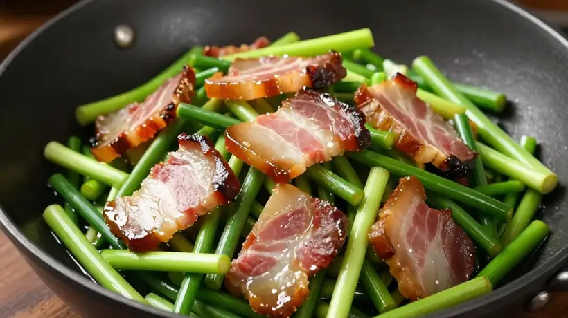 比腊肉炒蒜苗更清爽的搭配?腊肉炒蒜苔,一口脆嫩一口香