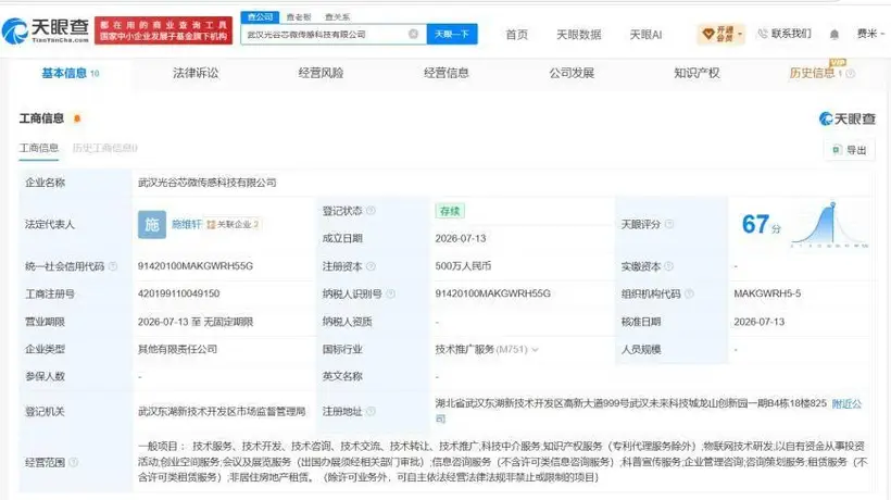四方光电、高德红外等在武汉成立传感科技公司 注册资本500万